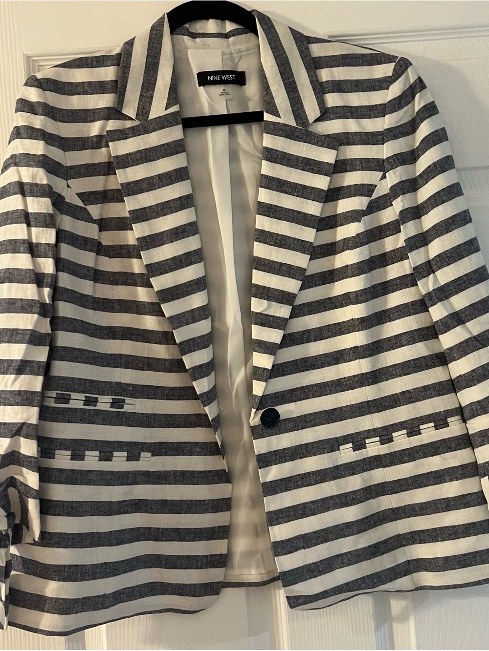 Nine West Black and White Striped Single-Button Blazer